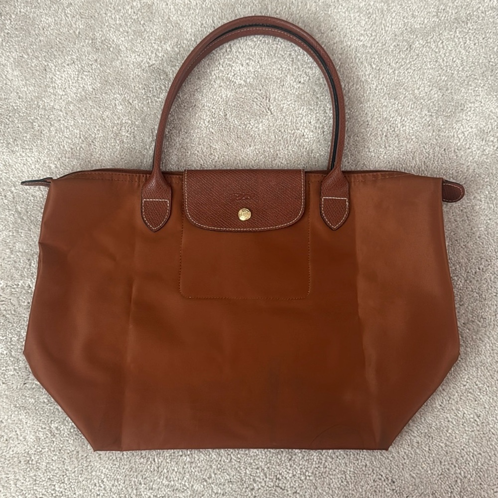 Longchamp Brown Nylon Shoulder  M Tote with Leather Trim. Le Pliage.  Folds up.